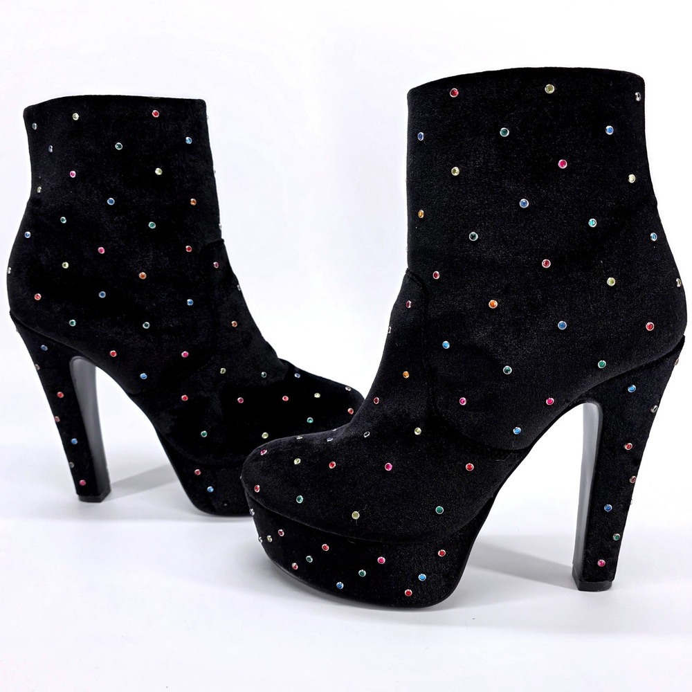Kurt Geiger Spear Stud Ankle‎ Boots Black Velvet Rhinestones Platform Heels 7.5